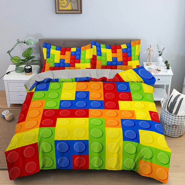 Colorido brinquedo rei rei rainha edredon tampa 3d bloco de construção padrão conjunto de cama de tijolos de tijolos gradiente de tampa do edredom de arco -íris