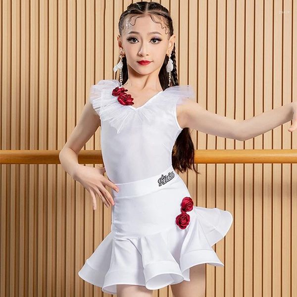 Bühnenbekleidung weißes lateinisches Tanzkleid für Mädchen Sommer Cha Rumba Samba Ballsaal Kleidung Kinder Üben Perofrmance Kleidung DNV20127