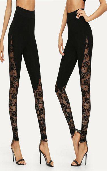 2019 tendência de moda feminina feminina feminina floral painel lateral de renda cortada preto leggings verão skinny sexy calças longas size s-xxl9056272