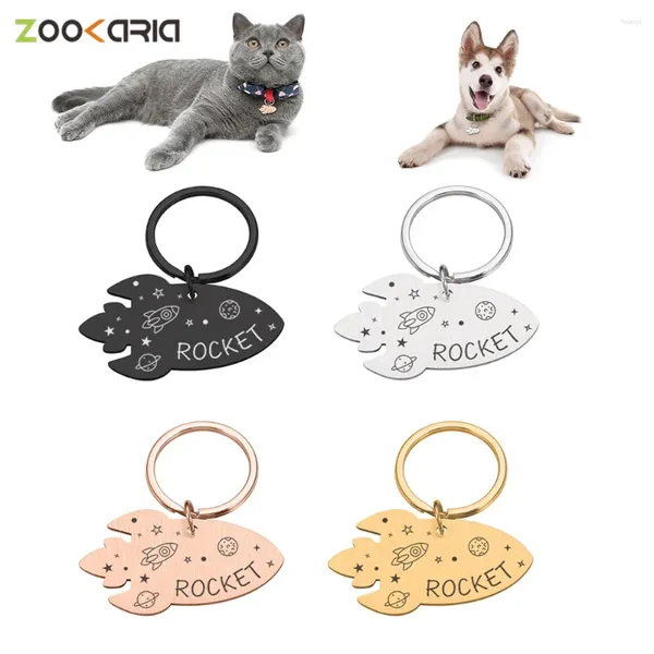 Tag de cachorro etiquetas de estimação de animais de estimação selo de metal divertido com letras de foguete grátis pequenas placa de nome personalizada, gravada