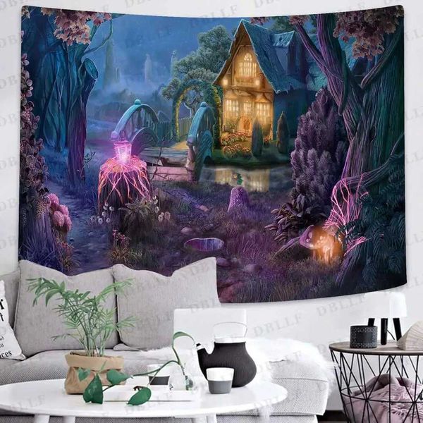 Fairytale Cartoon Wandteppiche Wald Simsant Tree River Art Wall für Wohnzimmer Home Wohnheim Dekoration R0411 1