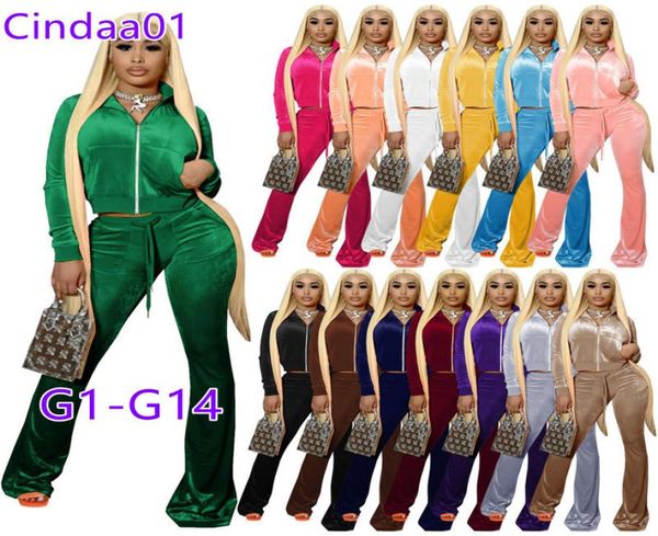 Mulheres Velvet 2 peças Pontas Designer Roupos Roupa com zíper bolso dianteiro Casaco de manga comprida Bell Bottom Sweetpant Suits XSXXL 62970154