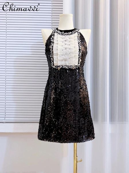 Повседневные платья Hepburn Style Sequined Shired Play Women Women 2024 Summer Fashion High-end Elegant Elegant Sexy Rooveless Mini