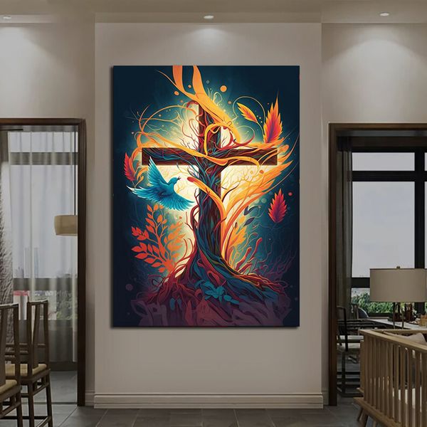 Jesus und Kreuz Symbol Buntes Jesus -Poster Christliche Leinwand Malerei Wandkunst Bilddrucke für Wohnzimmer Heilige Wohnkultur