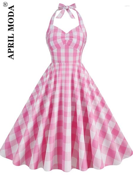 Повседневные платья. Поврежденные розовые качание лето 2024 г. высокая талия Hepburn Cotton Vintage Rocke Rockabilly Housewife 50 -х годов.