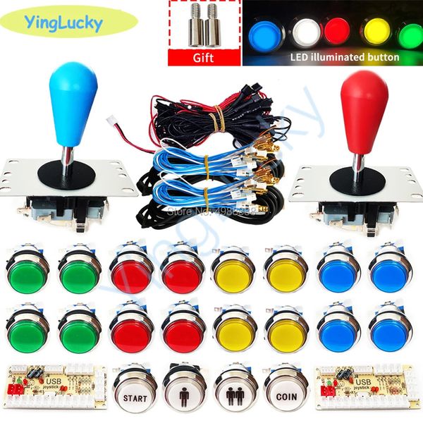 Diy Joysticks Arcade Kit 2 Player USB-Encoder mit Sanwa Joystick LED Silber-plattierter Knopf für PC zu Raspberry Pi Mame 24010