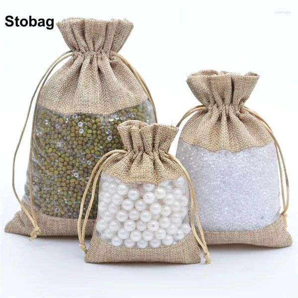 Bolsa de presente Stobag 50pcs Bolsas de linho de atacado Janela de jóias de jóias de jóias