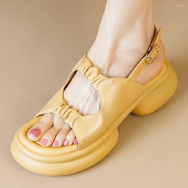 Elbise ayakkabıları kadınların orijinal deri kalın taban platform daireleri yaz sandaletleri açık ayak parmağı dar bant slingback sıradan kadın günlük satış