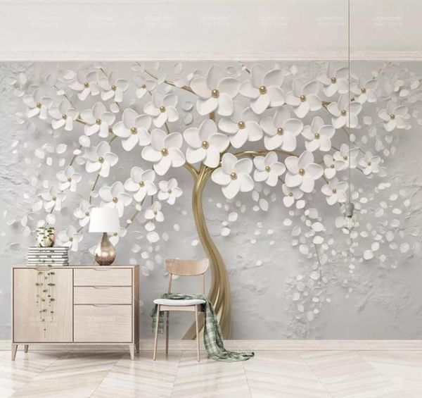 Elegante weiße Blumen Tapete Luxusschmuck 3d Custom Wall Wandmalerei für Hochzeitsraum TV Hintergrund Decken Schlafzimmer Li6605971