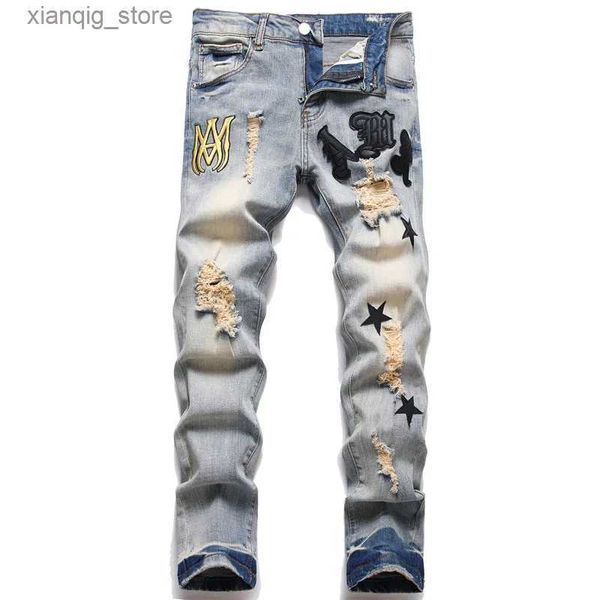 Jeans masculinos de alta qualidade masculino azul jeanslight bordado de luxo decorando jeans sexy jeanstylish jeans de moda;L49