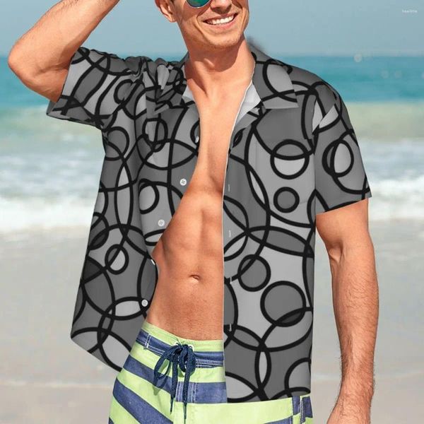 Herren lässige Hemden Sommerhemd Urlaub schwarz graue geometrische Blusen Retro-Kreis Druck cooler Mann kurzärmelige stilvolle Kleidung