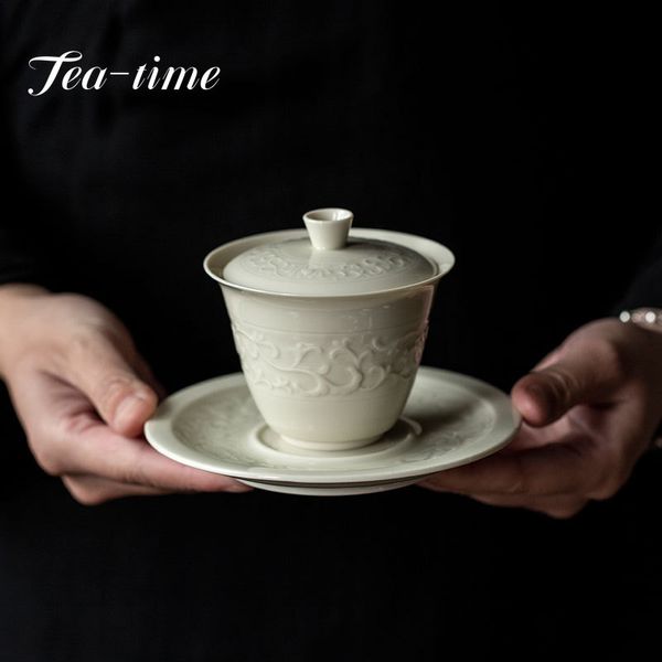 Boutique Ding Kiln Sancai Tee Tureen Handgefertigte Keramikschale mit Deckel Tee Maker Haushalt Teaset Tea Zeremonie Gaiwan Kollektion