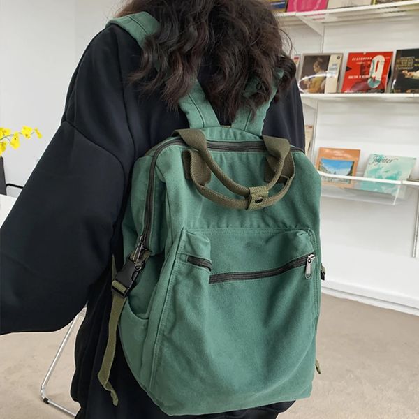 Düz renkli kadın tuval sırt çantası vintage okul çantası genç kız açık seyahat el çantası cüzdanlar kitap çantası sırt çantası 240328