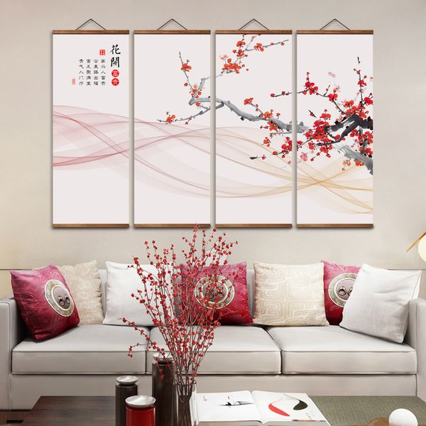 MT0928 Estilo chinês Red Plum Bossom Canvas de estar Posters de arte de parede de parede Pinturas chinesas de rolagem de madeira maciça