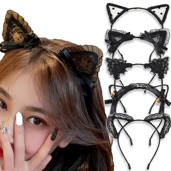 Sexy Black Lace Gat Ear Head Bash Women Spa che lava il telaio a cerchio Cosplay Copertina per capelli Lady Girl Birthday Promer Accessori per feste