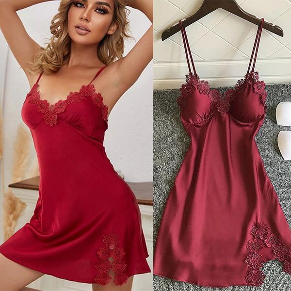 Frauen Nachtwäsche Sommer Femlae Nachthemd sexy Spitzenverkleidung Mini Spaghetti Gurt Nighdress Burgund Seidensatin Home Dressing Dessous Dessous Dessous