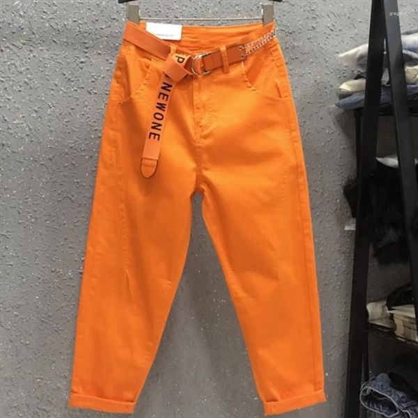 Calça feminina estilo casual jeans skinny de cintura alta Harlan laranja folgado