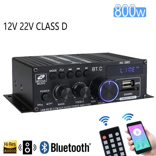 Amplificadores AK380 800W Bluetooth amplificador HiFi Audio Karaoke Home Theater Amplifier 2 Channel Power Class D Amplificador USB SD AUX Brand New