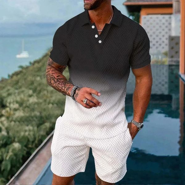 Summer Men Suit 3D Impresso gradiente colorido pólo shorts de duas peças Conjunto de roupas casuais de moda suave 240402
