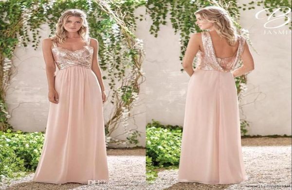 Rose Gold Brautjungfer Kleider Eine Linie Spaghetti Rückenfreie Pailletten Chiffon Billig Long Beach Hochzeit Gast Brautjungfern Kleid Maid von HO9467868