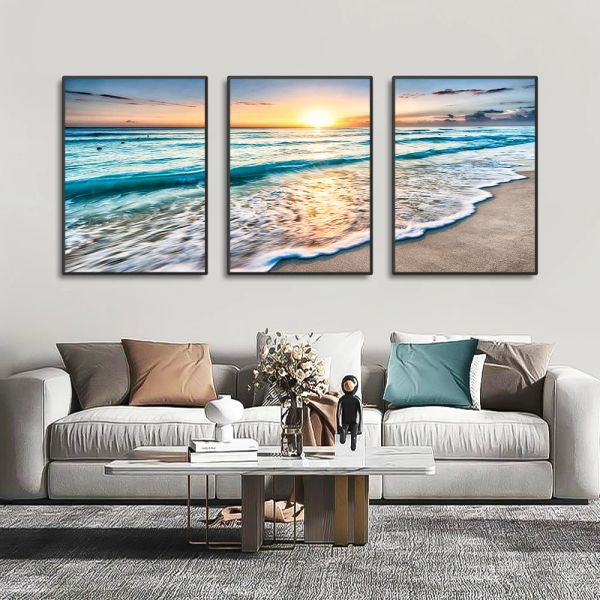 3 pezzi Modern Wave Beach Sunset Sunset Tela dipingendo Poster Natural Sea View e foto di arte da parete stampate per decorazioni per la camera da letto soggiorno