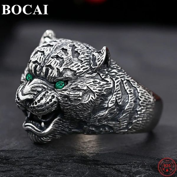 Bocai S925 Sterling Gümüş Cazibesi Yüzük Alev Kaplan Kafası Kristal Pure Argentum Punk Men240412