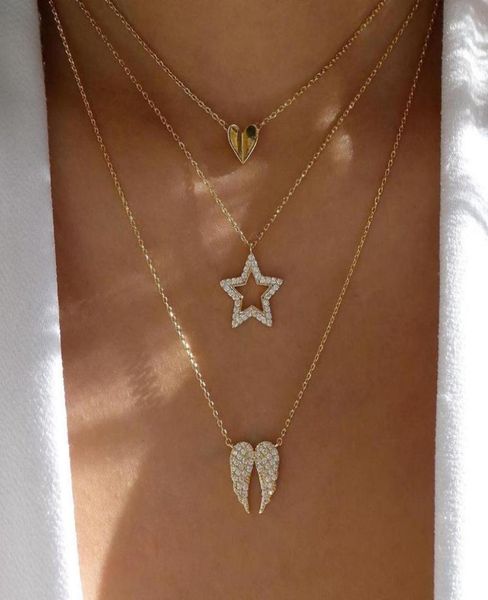 Kolye Kolyeler Rhinestone Angel Kanat Kolyesi Kadınlar İçin Kristal Kalp Kelebek Cisli Altın Renk Katmanlı Collier Femme Bijoux6240035