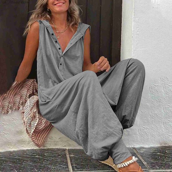 Kadın Tulumları Tulumlar Plaj Çapraz Pantolonları Playsuit Moda Gevşek Katı Katı Slveless Strtwear Vintage Düğmesi Tulum Yaz Kadınları T240412