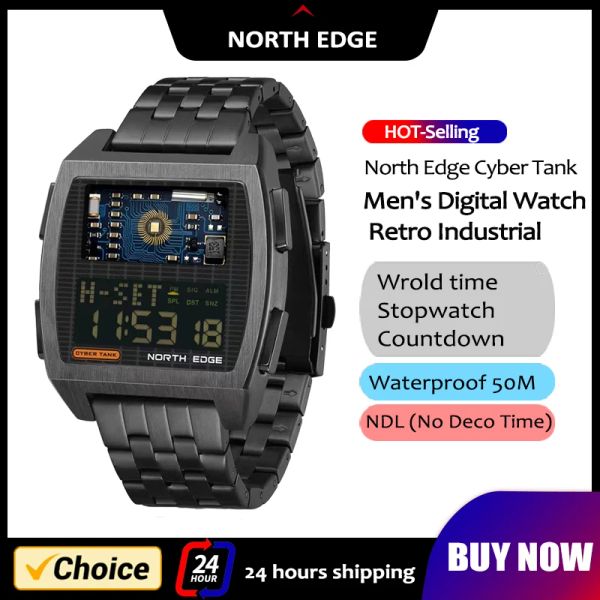 Orologi North Edge New Men's Digital Watch Retro Industrial Style All Metal Body Sports Waterproof 50m Cyber Tank Smart Watch Men