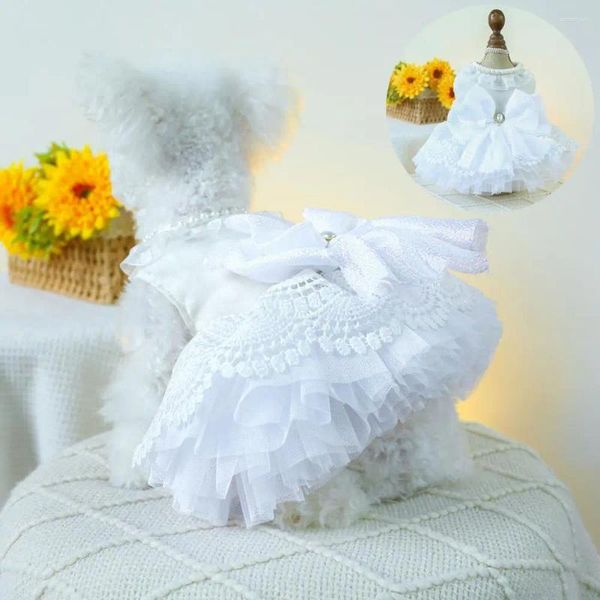 Abbigliamento per cani primavera estate abito da sposa in pizzo elegante per piccoli cani principessa con design di perle