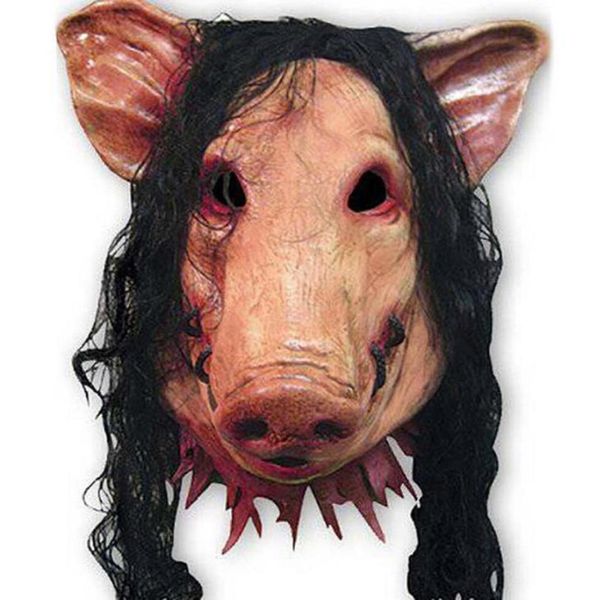 1pc Halloween Maske Scary Cosplay Kostüm Latex Holiday Supplies Neuheit Halloween Maske Säge Schweinekopf beängstigende Masken mit Haar 3162297