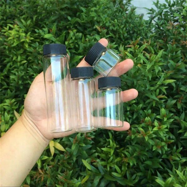 Garrafas de armazenamento 20ml 50ml 65ml 90ml Jarros de vidro hialino Tampa de plástico preto Clear Vitreous Bottle Reciltable Vials 24pcs Crafts Gifts