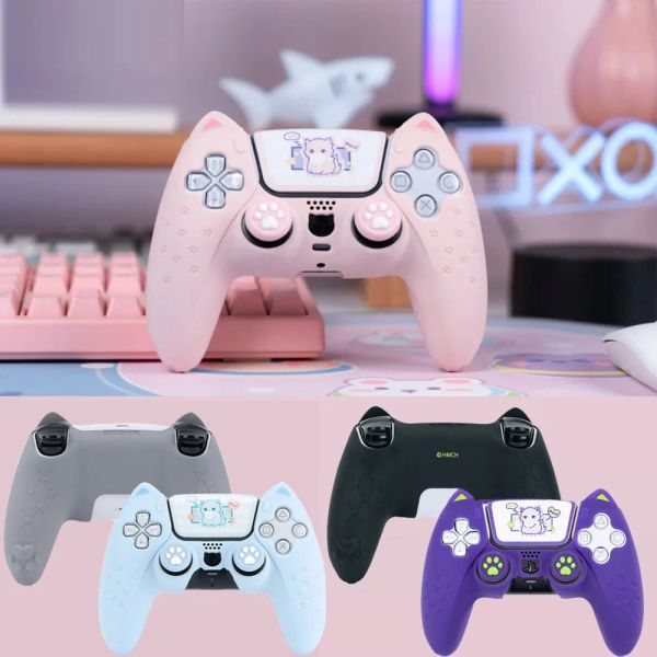 Casos gato pata rosa amor silicone capa de proteção de pele macia para Sony PlayStation Dualsense 5 ps5 controlador título de aderência