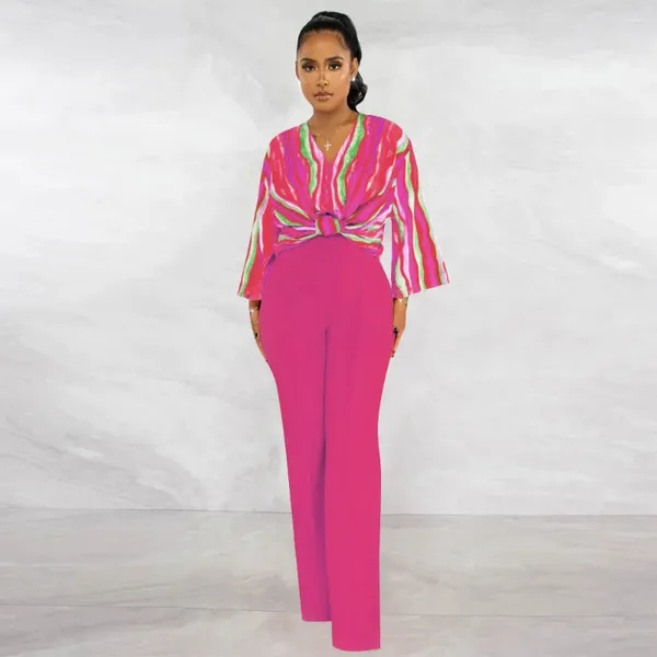 Kadınlar İki Parçalı Pantolon 2024 Nazik Fransız Tarzı Peri Moda Amazon V Yağ Basılı Üst Renk Bluz ve
