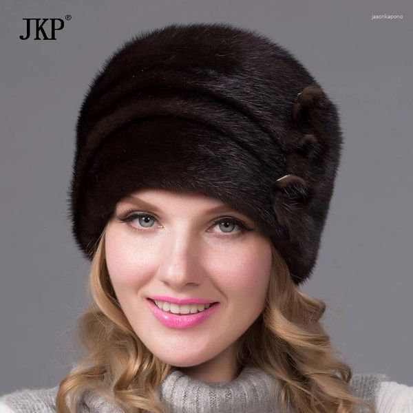 Berets russischer Winterfellhut für Frauen echte Nerzkappe mit Blumenstil 2024 Warm hochwertige elegante Damen DHY-64