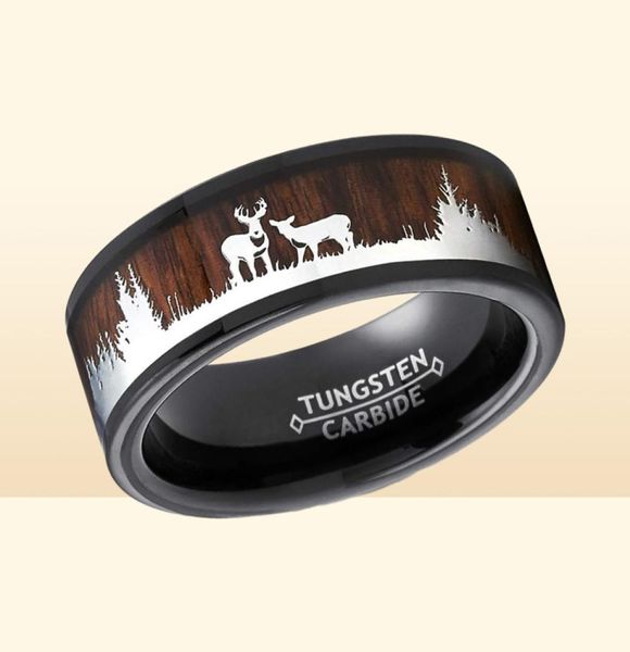 Anéis de casamento 8mm de tungstênio preto Homens de carboneto tocam koa madeira embutida veado veado caça silhueta banda de moda jóias para man6479843