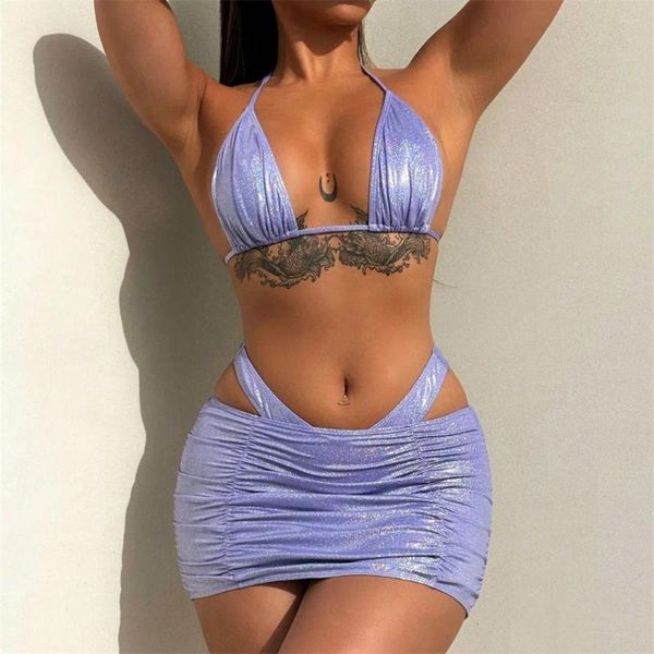 Kadın mayo mor bikini setleri y2k parlak mayo kadınlar trend üç parçalı plaj kıyafetleri mikro bikinis tanga mini etek mayo