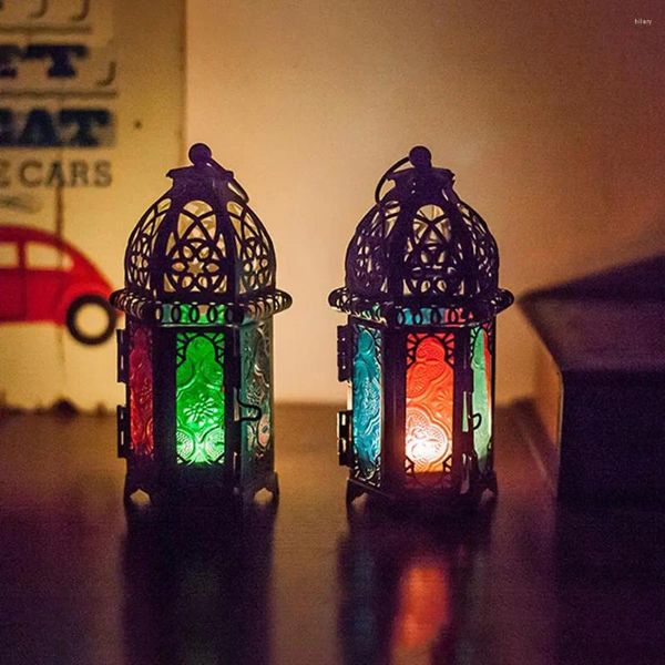 Porta del marocchino a candele con anello sospeso Cavalna di ferro vintage Retro Castle Candleight Stand Lampada a vento Lantern Tealight