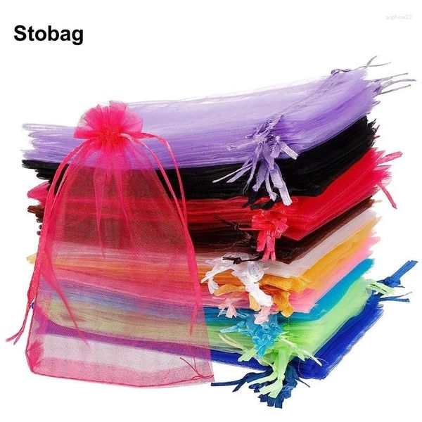 Embrulhado de presente stobag 100pcs colorido organza bolsas de joias de jóias embalagens de armazenamento cosmético bolsas bolsas de bolso favores de casamento por atacado