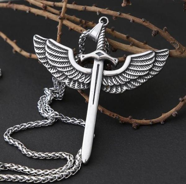 Anhänger Halskette Vintage Engel Heiliges Schwert Edelstahl Halskette für Männer Mode Schmuck Wing Punk Chain3937304