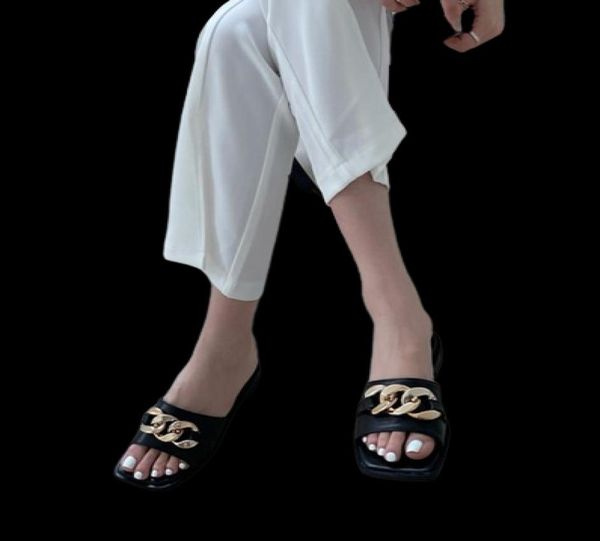 Yaz Yeni Altın Zincir Terlik Slaytlar Ayakkabı Düşük Topuk Açık Ayak Ayak Parmağı Açık Flip Floplar Sandalet Rahat Gündelik Ayakkabılar Kadınlar boyutu42 Black3799817