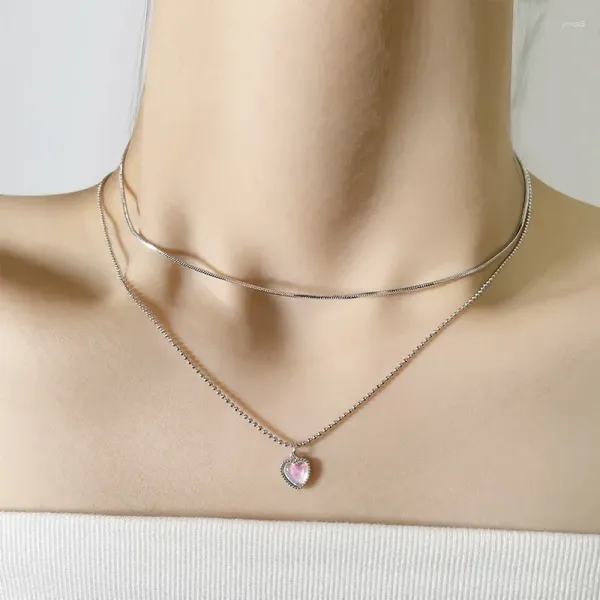 Anhänger Halsketten Doppelschicht Mondlicht Stein Liebe Halskette Frauen Persönlichkeit Neckkette Buntes Herzfallerkragen Kette