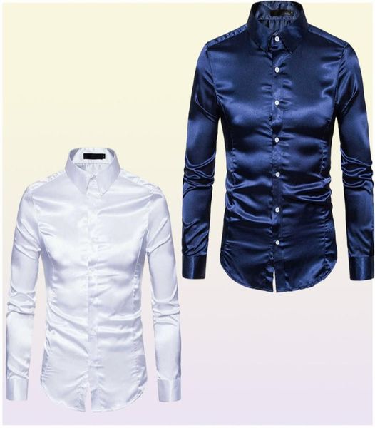 Seidenhemd Männer Satin Satin Smooth Männer Solid Smoking Business Shirt für Männer lässig Slim Fit glänzend golden Hochzeitshemden 2106101165325