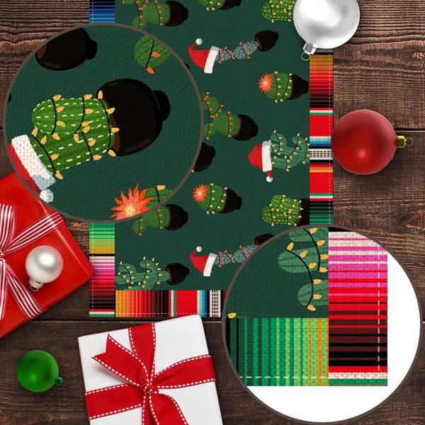 Tabela de mesa de linho de Feliz Navidad Decoração de mesa de Natal mexicano Cactus Santa Hat Stripes Dining Table Runners Decorações de Natal