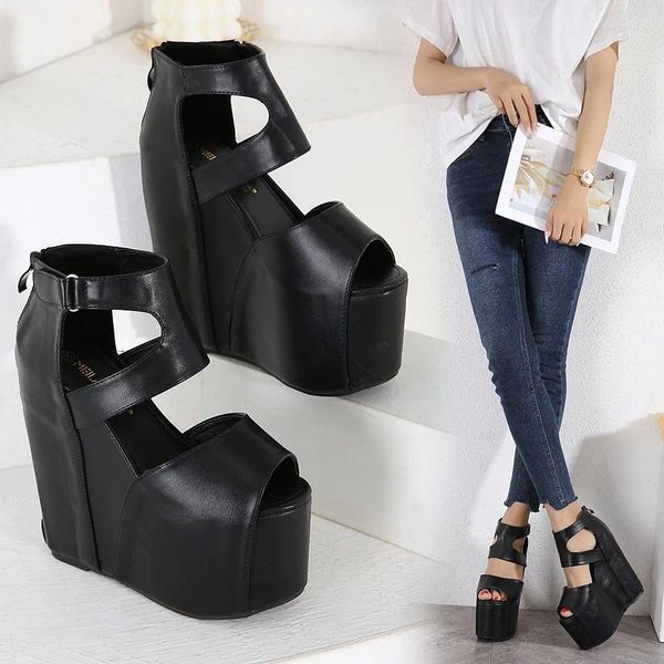 Kleiderschuhe 17 cm Super High Heels Plattform Frauen Sandalen modische schwarze weiße dicke untere keile weibliche sexy peep toe rome