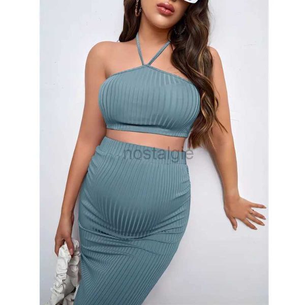 Maternidade vestidos de maternidade Camisola Top e saia lápis Conjunto de saia de malha com nervuras Vestido listrado azul apertado de verão 24412