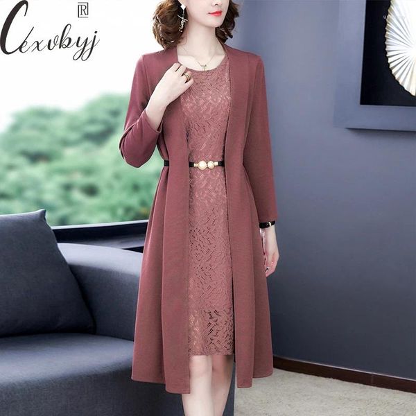 Arbeitskleider Frauen Spitzen elegante Anzüge Herbst lässige Strickjacke und Langarm -Oberteile mit Gürtel zwei Peice -Set Plus Size Vintage Mom