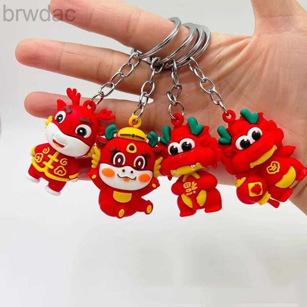 Schlüsselringe Cartoon PVC Chinesische Zodiac Neujahr Dragon Keychain Red Tangzhuang Drache Baby Anhänger Schlüsselkette Frauen Frauen Schlüsselringzubehör 240412