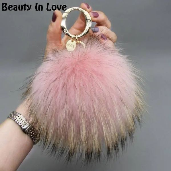 Anelli da 15 cm Fluffy Real Raccoon Fur Ball Pom Poms Furva Pompom Torchia di portata di alta qualità Pendente ad anello metallico per le donne F281