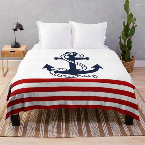 Coperte nautiche a strisce rosse e bianche con una coperta per lancio in pile kpop in pile kpop blu navy